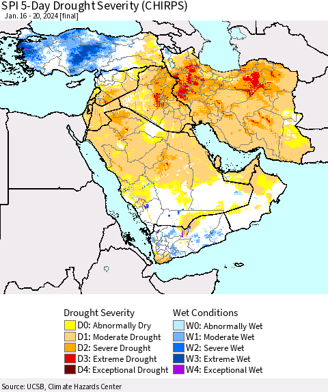 Middle East and Turkey SPI 5-Day Drought Severity (CHIRPS) Thematic Map For 1/16/2024 - 1/20/2024