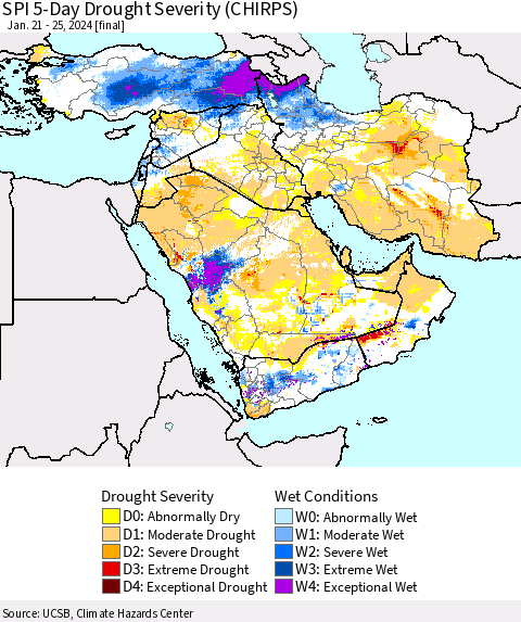 Middle East and Turkey SPI 5-Day Drought Severity (CHIRPS) Thematic Map For 1/21/2024 - 1/25/2024