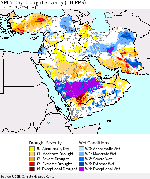 Middle East and Turkey SPI 5-Day Drought Severity (CHIRPS) Thematic Map For 1/26/2024 - 1/31/2024