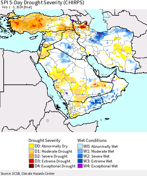 Middle East and Turkey SPI 5-Day Drought Severity (CHIRPS) Thematic Map For 2/1/2024 - 2/5/2024