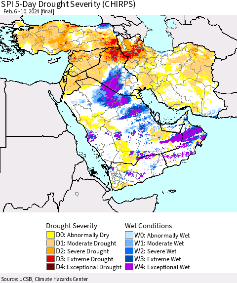 Middle East and Turkey SPI 5-Day Drought Severity (CHIRPS) Thematic Map For 2/6/2024 - 2/10/2024