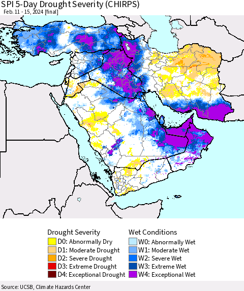 Middle East and Turkey SPI 5-Day Drought Severity (CHIRPS) Thematic Map For 2/11/2024 - 2/15/2024