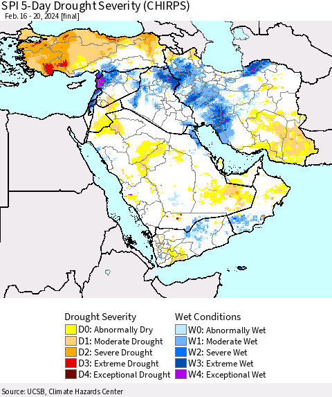 Middle East and Turkey SPI 5-Day Drought Severity (CHIRPS) Thematic Map For 2/16/2024 - 2/20/2024