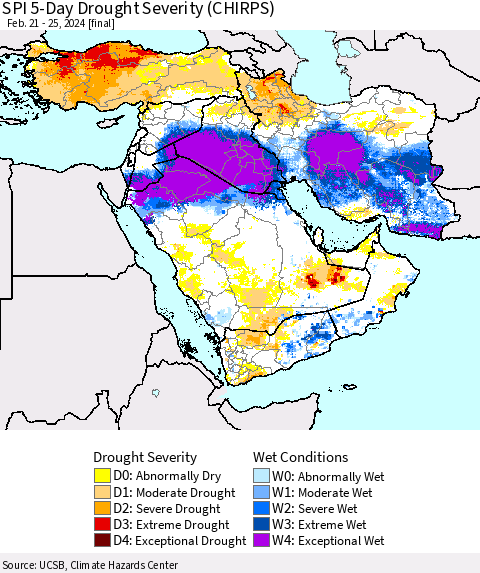 Middle East and Turkey SPI 5-Day Drought Severity (CHIRPS) Thematic Map For 2/21/2024 - 2/25/2024