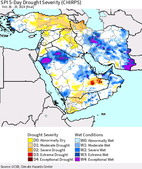 Middle East and Turkey SPI 5-Day Drought Severity (CHIRPS) Thematic Map For 2/26/2024 - 2/29/2024