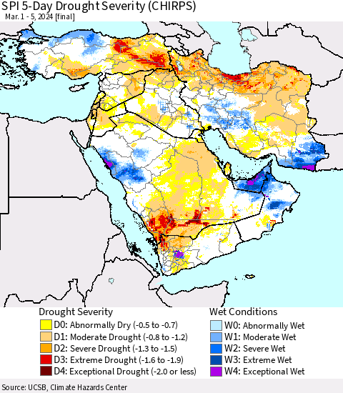 Middle East and Turkey SPI 5-Day Drought Severity (CHIRPS) Thematic Map For 3/1/2024 - 3/5/2024