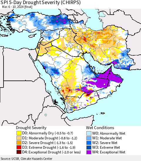 Middle East and Turkey SPI 5-Day Drought Severity (CHIRPS) Thematic Map For 3/6/2024 - 3/10/2024