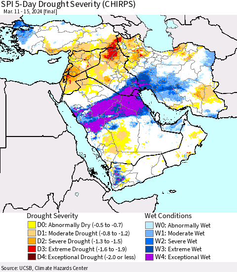 Middle East and Turkey SPI 5-Day Drought Severity (CHIRPS) Thematic Map For 3/11/2024 - 3/15/2024
