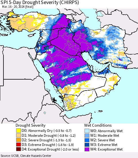Middle East and Turkey SPI 5-Day Drought Severity (CHIRPS) Thematic Map For 3/16/2024 - 3/20/2024