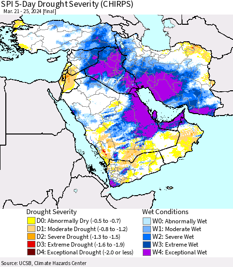 Middle East and Turkey SPI 5-Day Drought Severity (CHIRPS) Thematic Map For 3/21/2024 - 3/25/2024