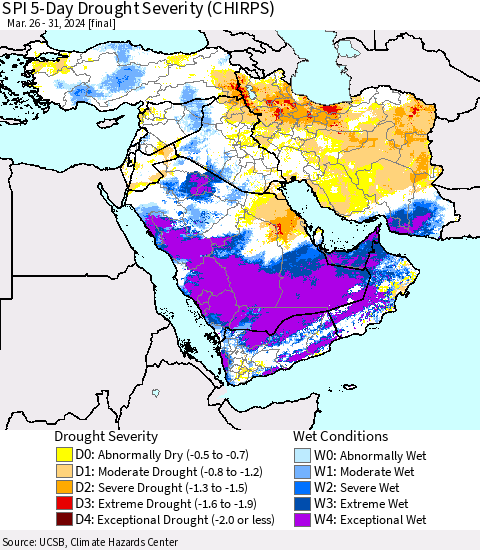 Middle East and Turkey SPI 5-Day Drought Severity (CHIRPS) Thematic Map For 3/26/2024 - 3/31/2024