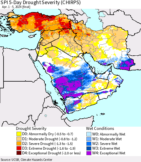 Middle East and Turkey SPI 5-Day Drought Severity (CHIRPS) Thematic Map For 4/1/2024 - 4/5/2024