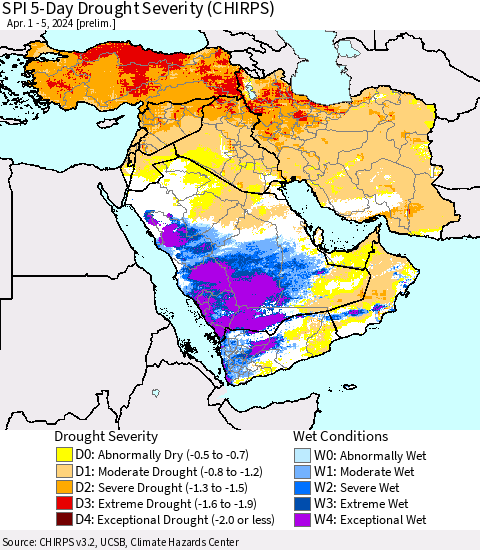 Middle East and Turkey SPI 5-Day Drought Severity (CHIRPS) Thematic Map For 4/1/2024 - 4/5/2024