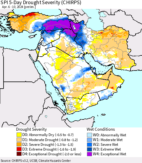 Middle East and Turkey SPI 5-Day Drought Severity (CHIRPS) Thematic Map For 4/6/2024 - 4/10/2024