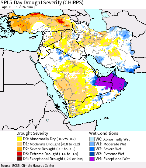 Middle East and Turkey SPI 5-Day Drought Severity (CHIRPS) Thematic Map For 4/11/2024 - 4/15/2024