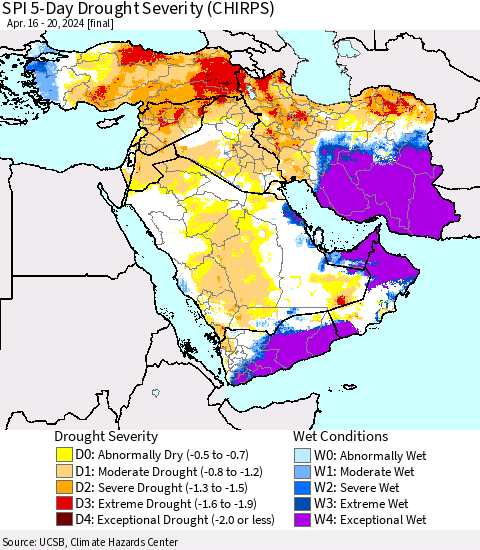 Middle East and Turkey SPI 5-Day Drought Severity (CHIRPS) Thematic Map For 4/16/2024 - 4/20/2024