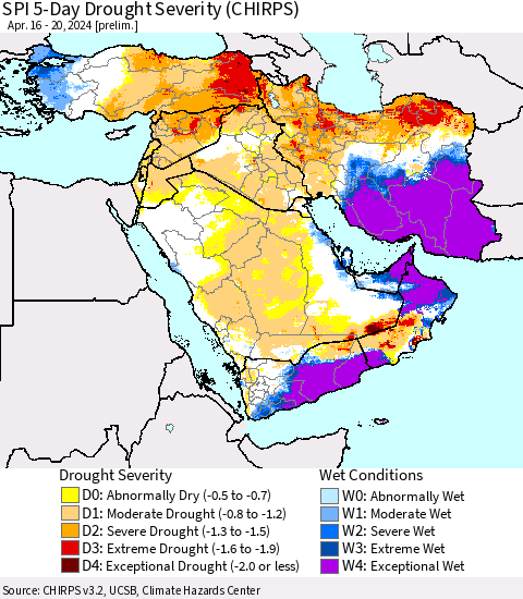 Middle East and Turkey SPI 5-Day Drought Severity (CHIRPS) Thematic Map For 4/16/2024 - 4/20/2024