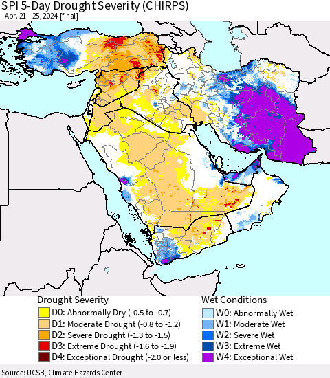 Middle East and Turkey SPI 5-Day Drought Severity (CHIRPS) Thematic Map For 4/21/2024 - 4/25/2024