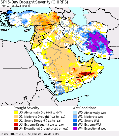 Middle East and Turkey SPI 5-Day Drought Severity (CHIRPS) Thematic Map For 4/21/2024 - 4/25/2024