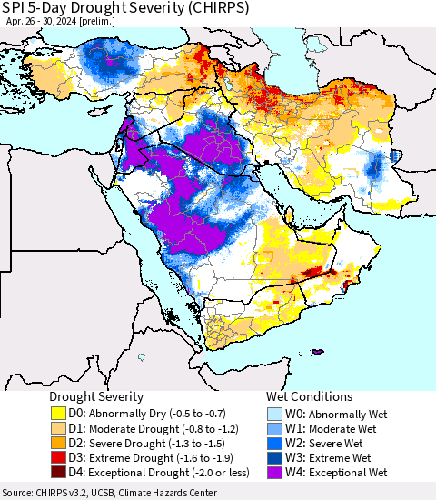 Middle East and Turkey SPI 5-Day Drought Severity (CHIRPS) Thematic Map For 4/26/2024 - 4/30/2024