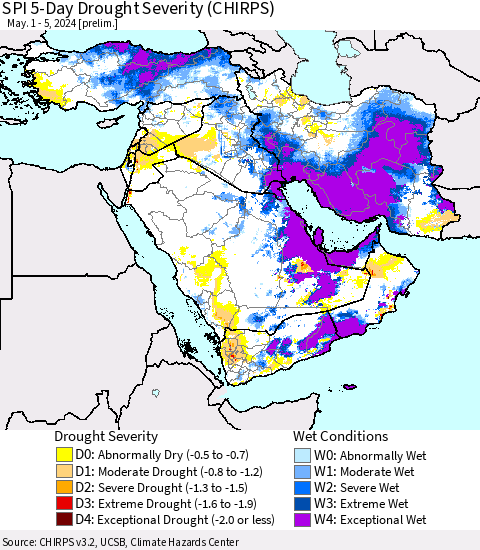 Middle East and Turkey SPI 5-Day Drought Severity (CHIRPS) Thematic Map For 5/1/2024 - 5/5/2024
