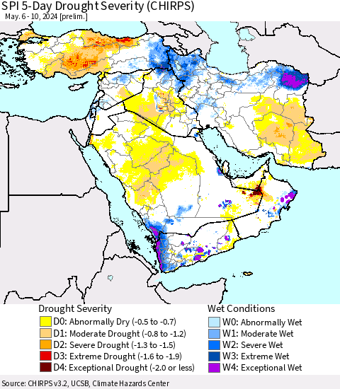 Middle East and Turkey SPI 5-Day Drought Severity (CHIRPS) Thematic Map For 5/6/2024 - 5/10/2024