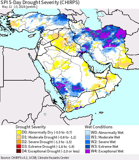 Middle East and Turkey SPI 5-Day Drought Severity (CHIRPS) Thematic Map For 5/11/2024 - 5/15/2024