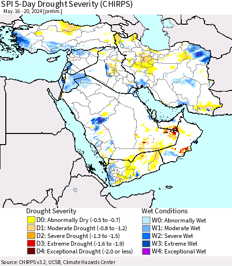 Middle East and Turkey SPI 5-Day Drought Severity (CHIRPS) Thematic Map For 5/16/2024 - 5/20/2024