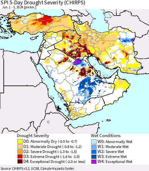 Middle East and Turkey SPI 5-Day Drought Severity (CHIRPS) Thematic Map For 6/1/2024 - 6/5/2024