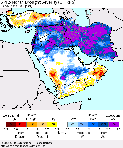 Middle East and Turkey SPI 2-Month Drought Severity (CHIRPS) Thematic Map For 2/6/2019 - 4/5/2019