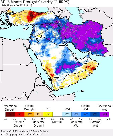 Middle East and Turkey SPI 2-Month Drought Severity (CHIRPS) Thematic Map For 2/11/2019 - 4/10/2019