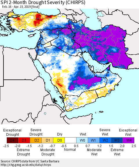 Middle East and Turkey SPI 2-Month Drought Severity (CHIRPS) Thematic Map For 2/16/2019 - 4/15/2019