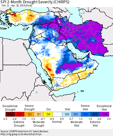 Middle East and Turkey SPI 2-Month Drought Severity (CHIRPS) Thematic Map For 2/21/2019 - 4/20/2019