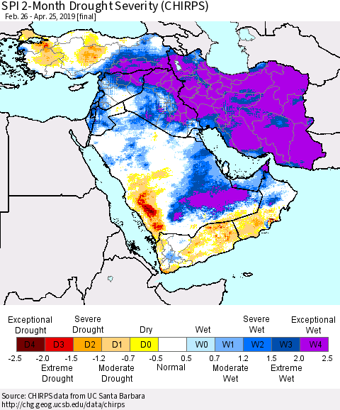 Middle East and Turkey SPI 2-Month Drought Severity (CHIRPS) Thematic Map For 2/26/2019 - 4/25/2019