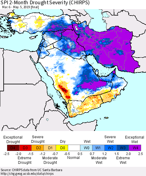 Middle East and Turkey SPI 2-Month Drought Severity (CHIRPS) Thematic Map For 3/6/2019 - 5/5/2019