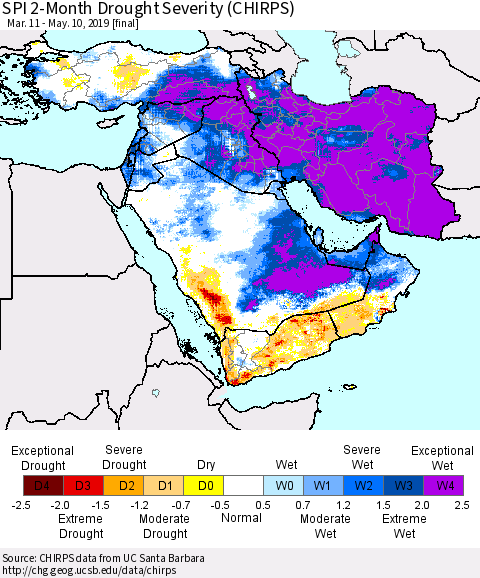 Middle East and Turkey SPI 2-Month Drought Severity (CHIRPS) Thematic Map For 3/11/2019 - 5/10/2019