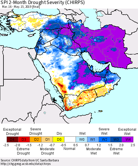 Middle East and Turkey SPI 2-Month Drought Severity (CHIRPS) Thematic Map For 3/16/2019 - 5/15/2019