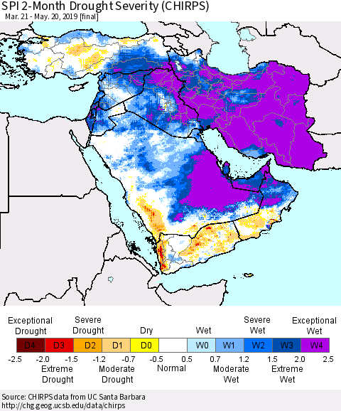 Middle East and Turkey SPI 2-Month Drought Severity (CHIRPS) Thematic Map For 3/21/2019 - 5/20/2019