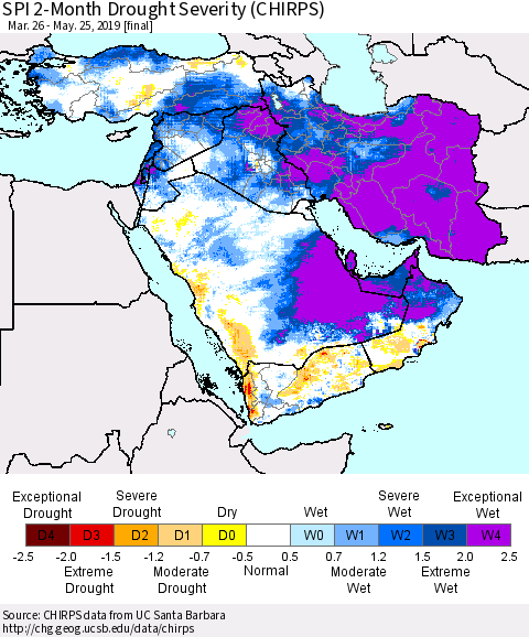 Middle East and Turkey SPI 2-Month Drought Severity (CHIRPS) Thematic Map For 3/26/2019 - 5/25/2019