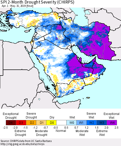 Middle East and Turkey SPI 2-Month Drought Severity (CHIRPS) Thematic Map For 4/1/2019 - 5/31/2019