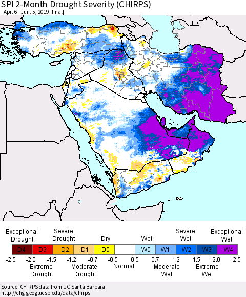 Middle East and Turkey SPI 2-Month Drought Severity (CHIRPS) Thematic Map For 4/6/2019 - 6/5/2019