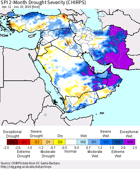Middle East and Turkey SPI 2-Month Drought Severity (CHIRPS) Thematic Map For 4/11/2019 - 6/10/2019