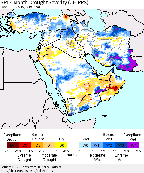 Middle East and Turkey SPI 2-Month Drought Severity (CHIRPS) Thematic Map For 4/16/2019 - 6/15/2019