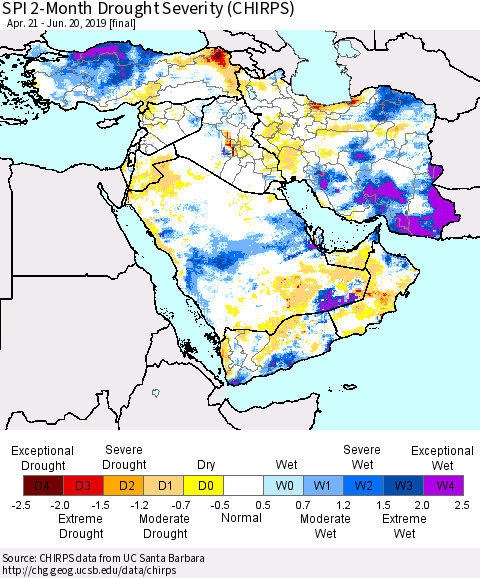 Middle East and Turkey SPI 2-Month Drought Severity (CHIRPS) Thematic Map For 4/21/2019 - 6/20/2019