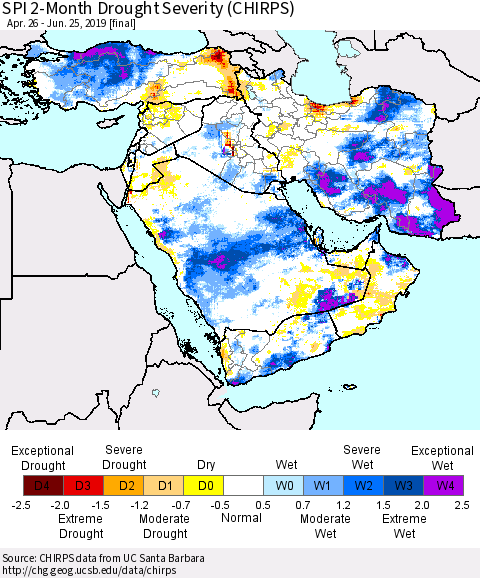 Middle East and Turkey SPI 2-Month Drought Severity (CHIRPS) Thematic Map For 4/26/2019 - 6/25/2019