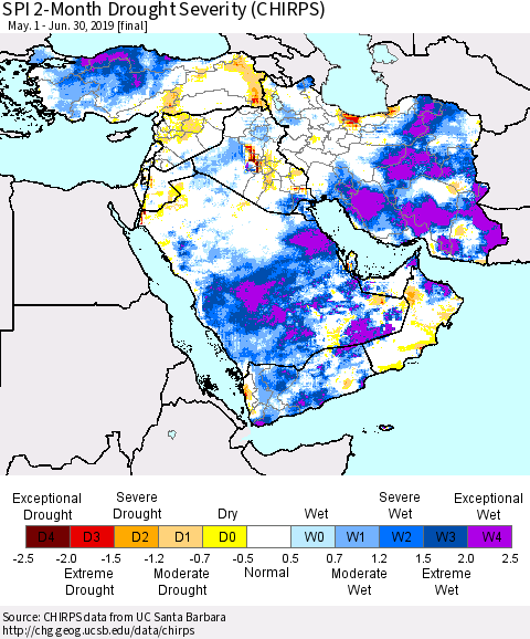 Middle East and Turkey SPI 2-Month Drought Severity (CHIRPS) Thematic Map For 5/1/2019 - 6/30/2019