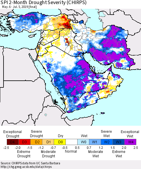Middle East and Turkey SPI 2-Month Drought Severity (CHIRPS) Thematic Map For 5/6/2019 - 7/5/2019