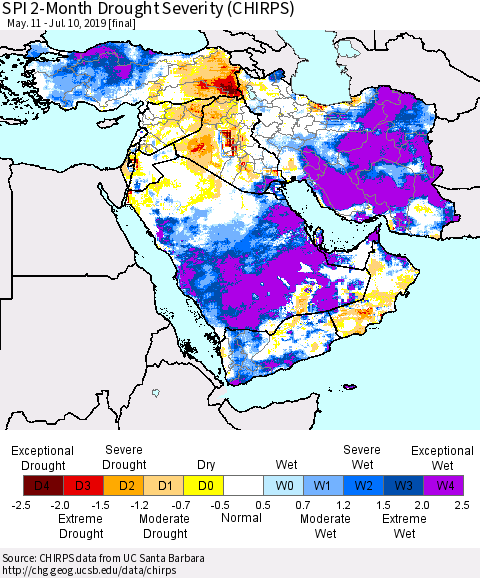 Middle East and Turkey SPI 2-Month Drought Severity (CHIRPS) Thematic Map For 5/11/2019 - 7/10/2019
