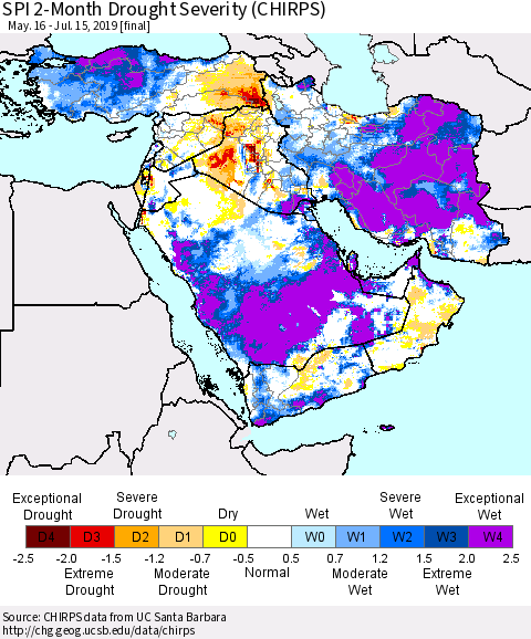 Middle East and Turkey SPI 2-Month Drought Severity (CHIRPS) Thematic Map For 5/16/2019 - 7/15/2019