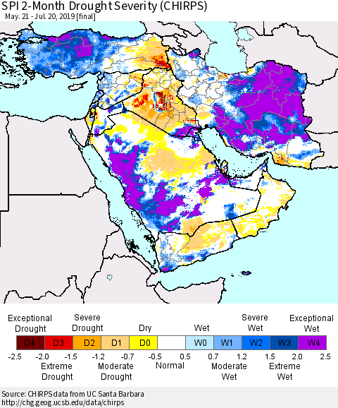 Middle East and Turkey SPI 2-Month Drought Severity (CHIRPS) Thematic Map For 5/21/2019 - 7/20/2019